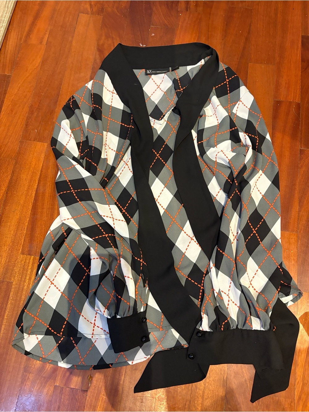 New York & Company Black and Gray Argyle Blouse blouse